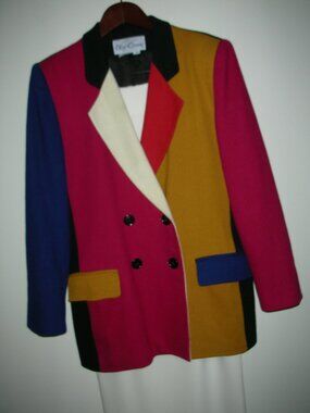 Vtg Oleg Cassini Wool Color Block 80s/90s Jacket Sz 8 & Cream Maxi Skirt w/slit
